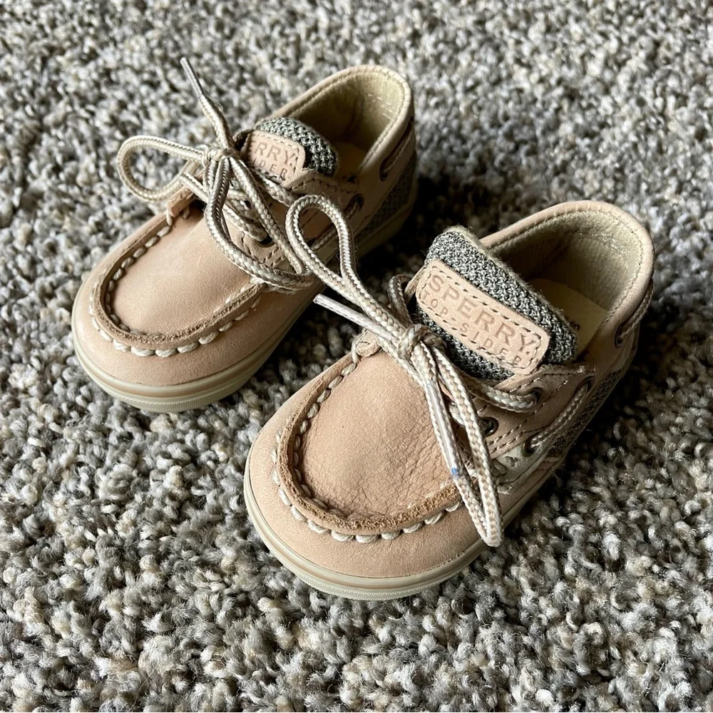 Sperry Bluefish Prewalker Baby Tan and Gray Boat Shoes Size 2M Preppy